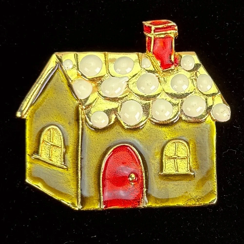 Vintage, holiday festive, aged goldtone, red gingerbread house, brooch